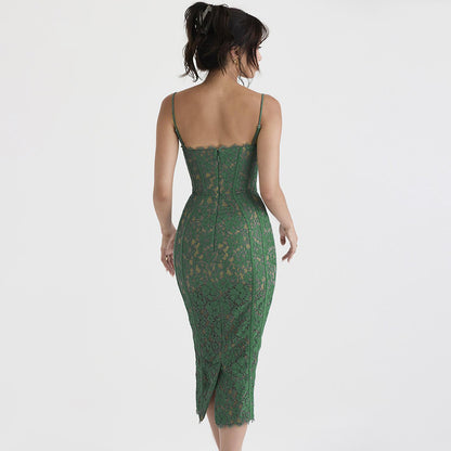 Lace Backless Slit Sleeveless Midi Dress