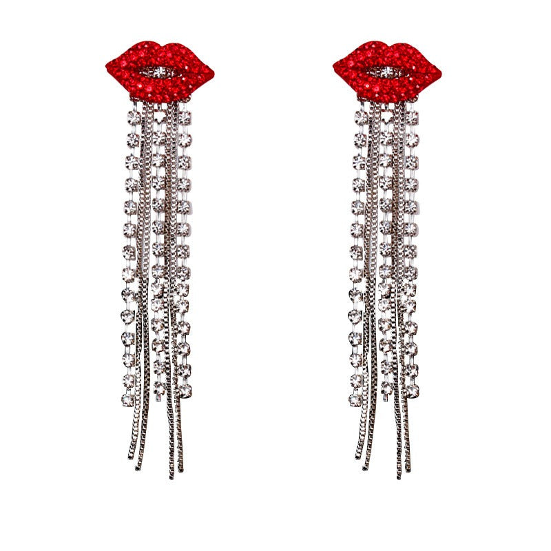 Shiny Red Lips Crystal Tassel Dangle Earrings