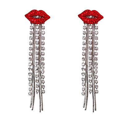 Shiny Red Lips Crystal Tassel Dangle Earrings