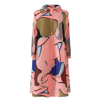 Miyake Pleated Printed Turn-down Collar Mini Dress