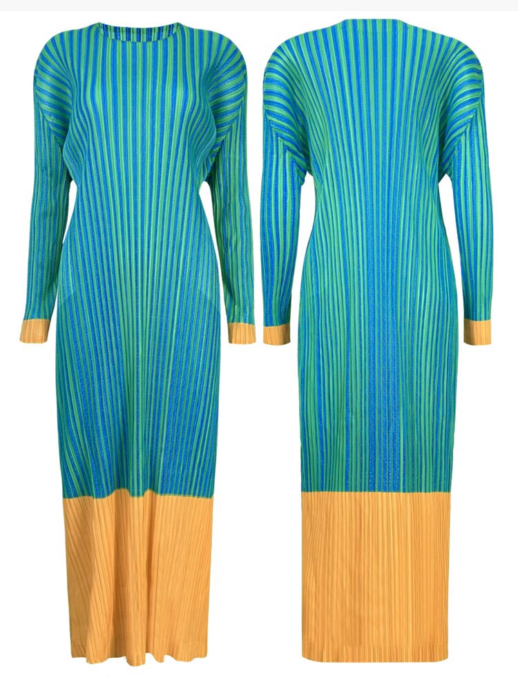 Miyake Pleated Striped Long Sleeves Midi Dress