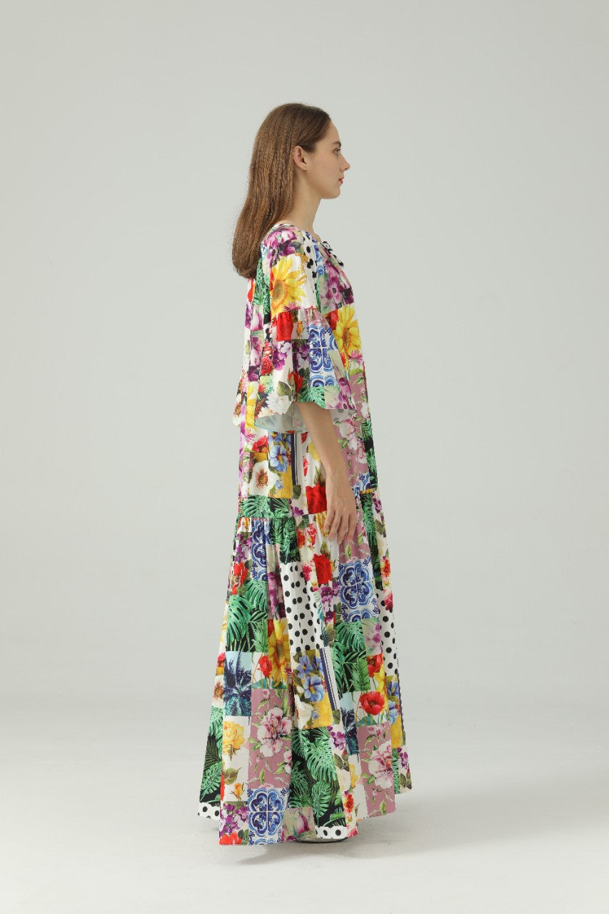 Floral Tie-Neck Flare Sleeve Maxi Dress