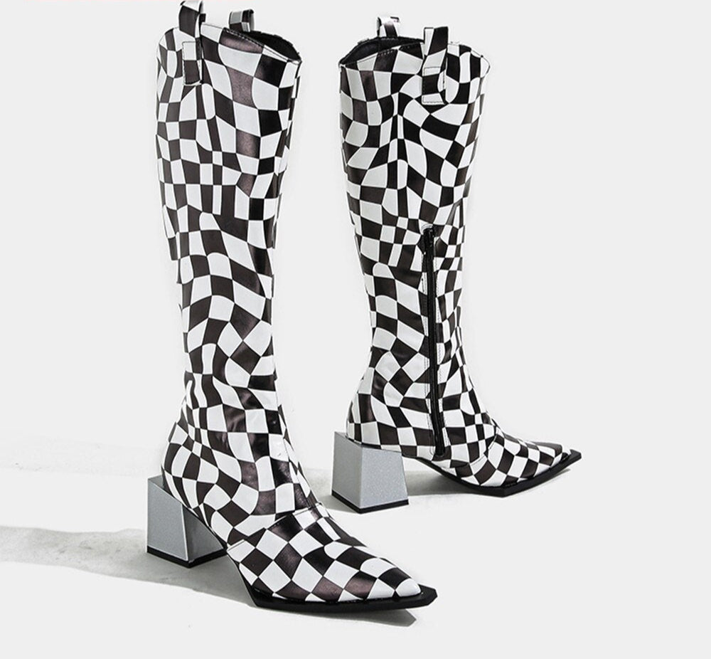 Checkered Pointed Toe Square Heel Boots