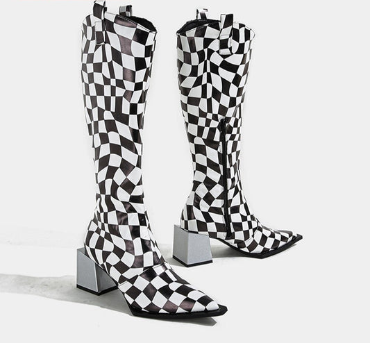 Checkered Pointed Toe Square Heel Boots