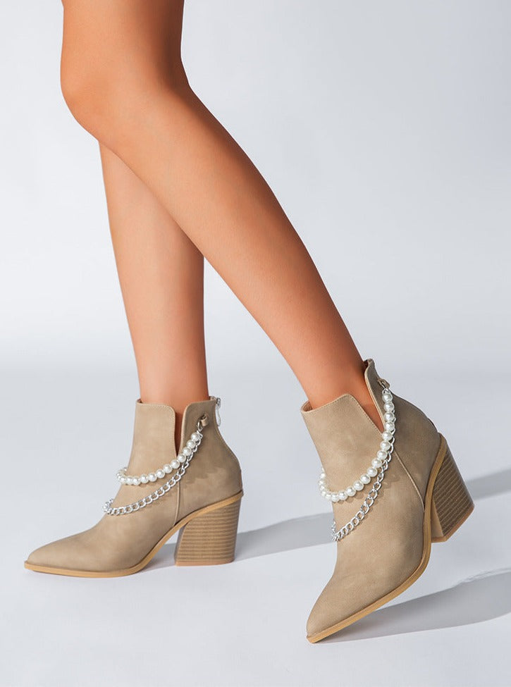 Pearls Chain Pointed Toe Wedge Heels Cowboy Boots