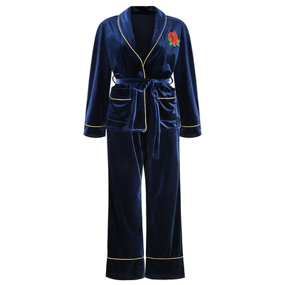 Rose Embroidered Gold Edge Pajama Set