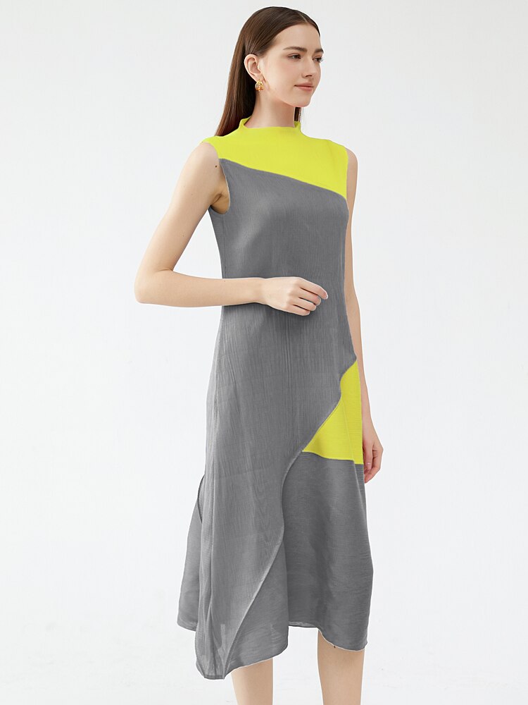 Miyake Pleated Contrast Irregular Spliced Midi Dress