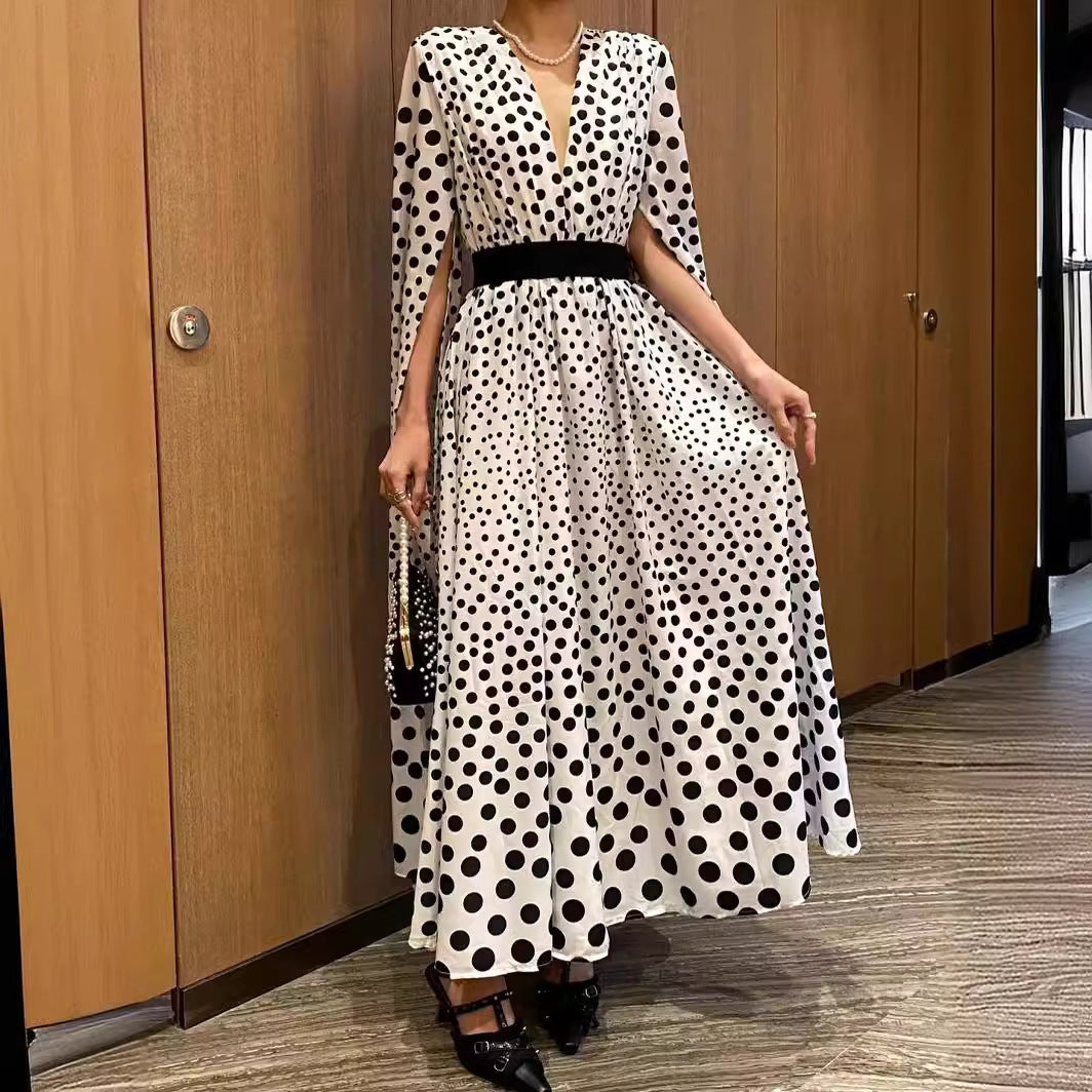 Polka Dot V-Neck Slit Long Sleeve Dress