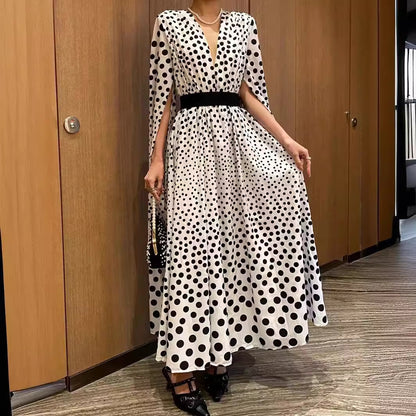 Polka Dot V-Neck Slit Long Sleeve Dress