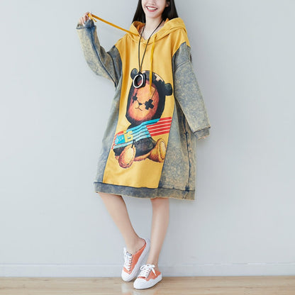 Contrast Cartoon Print Hooded Knitted Denim Dress