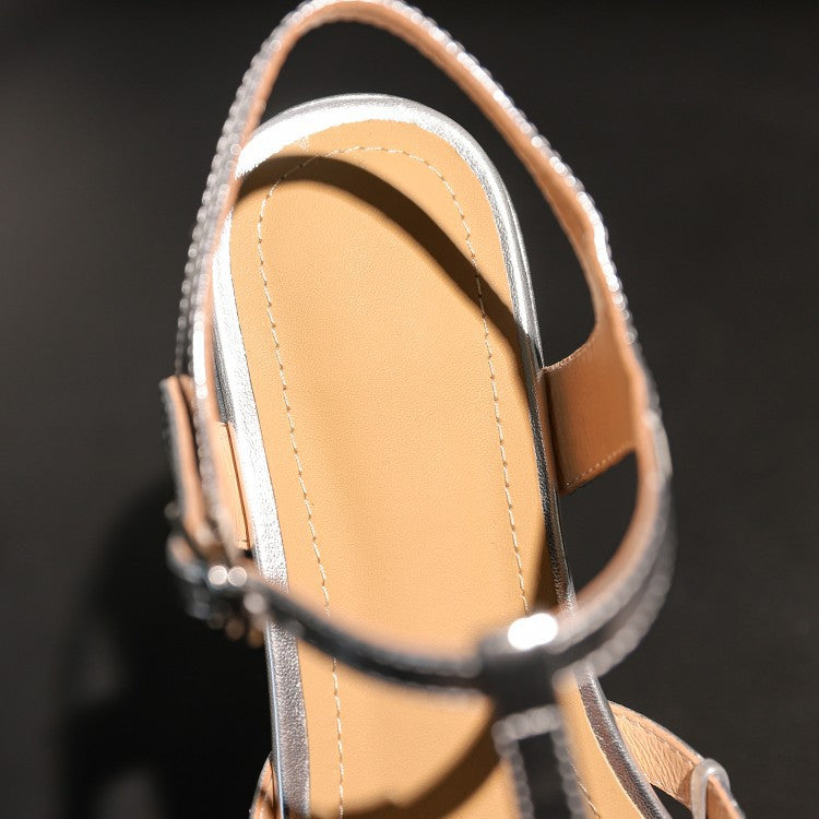 Genuine Leather Hollow Out T-Shape Strap Sandals