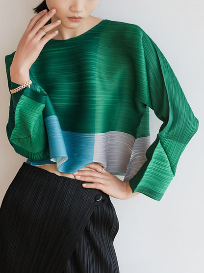 Miyake Pleated Color Block Round Neck Crop Top