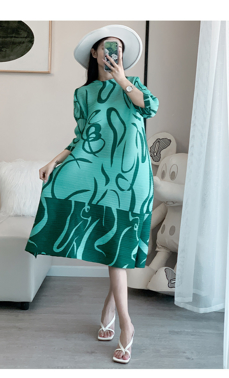 Miyake Pleated Printed Three-quarter Sleeves Midi Dress
