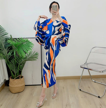 Miyake Pleated Printed Batwing Sleeve Midi Dress