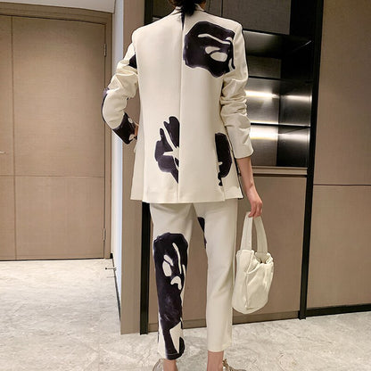 Retro Print Lapel Collar Long Sleeve Blazer and Trouser Set