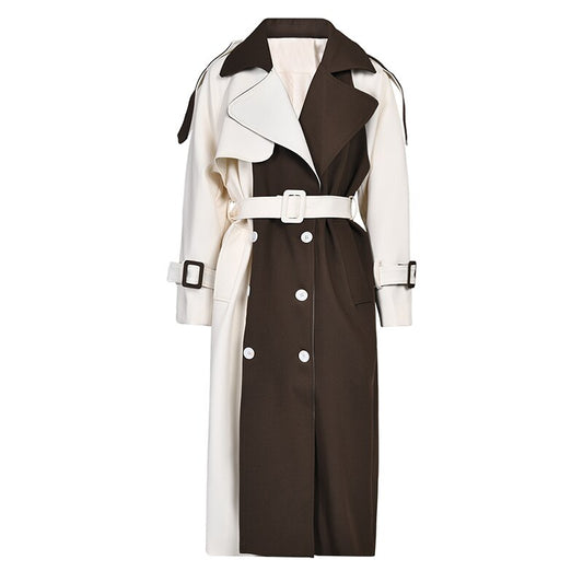 Color Block Lapel Collar Double-Breasted Trench Coat