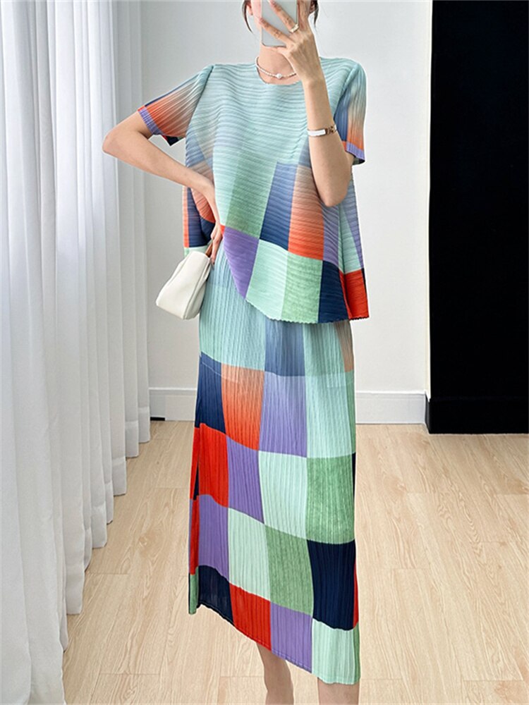 Miyake Pleated Color Block Printed Top and Skirt Set