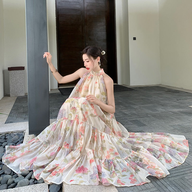 Floral Ruched Ruffled Sleeveless Maxi Dress