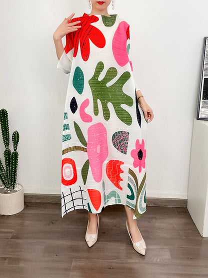 Miyake Pleated Floral Print Midi Dress