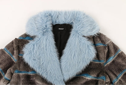 Striped Patchwork Faux Fur Lapel Collar Coat
