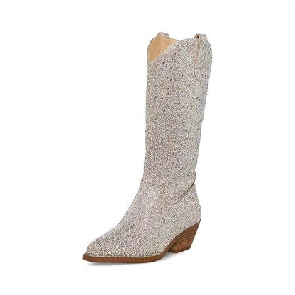 Rhinestone  Pointed Toe Mid-Calf Boots