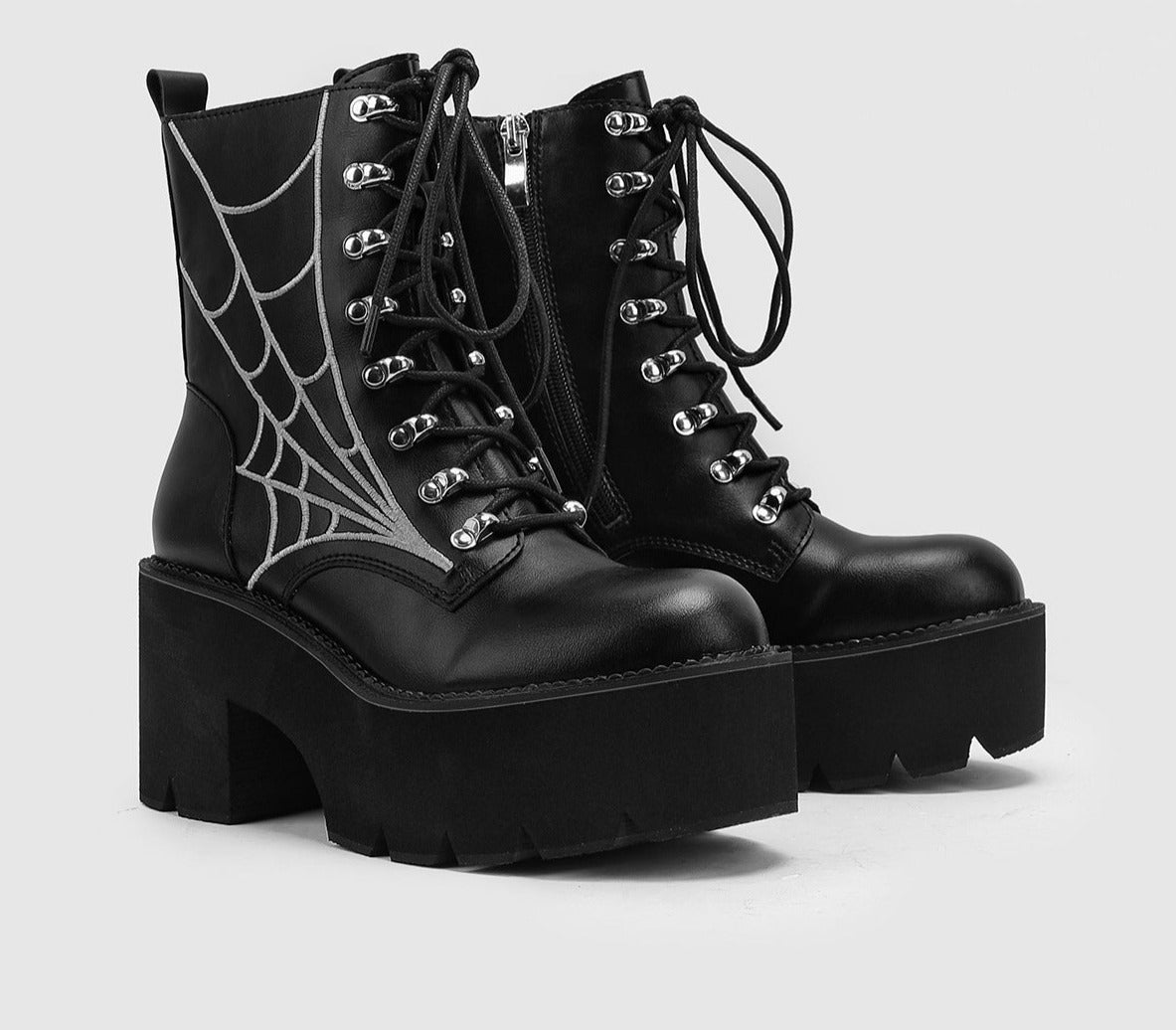 Spider Web Print Lace-Up Platform Ankle Boots