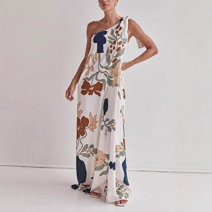Printed Tied One-Shoulder Maxi Dress