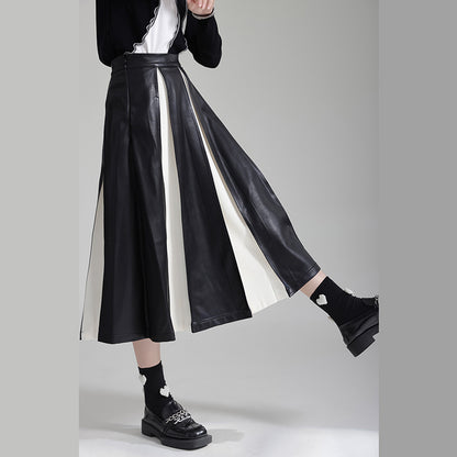 PU leather patchwork pleated skirt, women's A-line skirt, unique and luxurious style, high waisted umbrella skirt