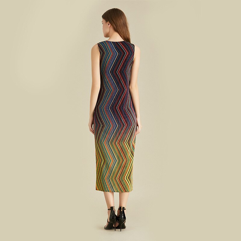 Miyake Pleated Multicolor Striped Midi Dress