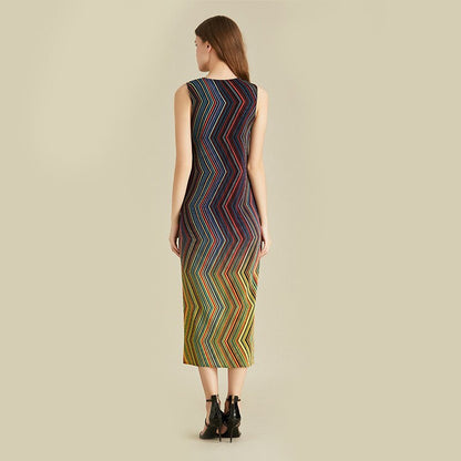 Miyake Pleated Multicolor Striped Midi Dress