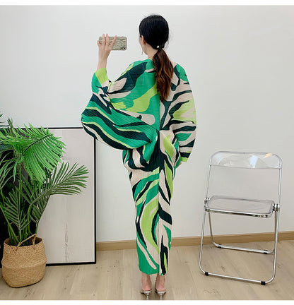 Miyake Pleated Printed Batwing Sleeve Midi Dress