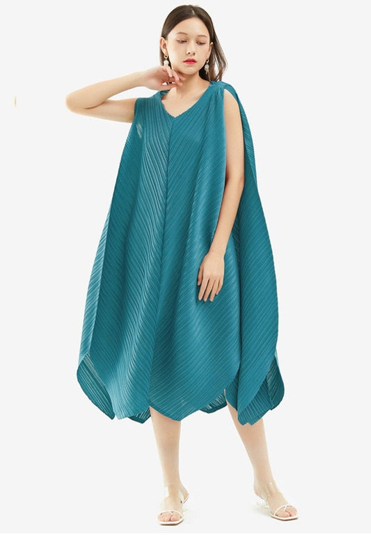 Miyake Pleated Irregular Hem Sleeveless Midi Dress