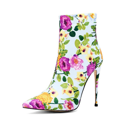 Floral Print Pointed Toe Ankle Boots