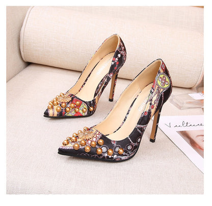 Bridesmaid Wedding Shoes New Shallow Mouth High Heels Plus Size Rhinestone Stiletto Rivets Women's Shoes