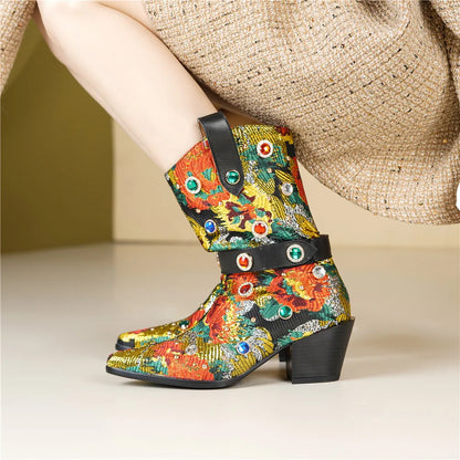 Brocade Pointed Toe Block Heel Boots
