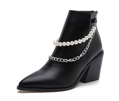 Pearls Chain Pointed Toe Wedge Heels Cowboy Boots