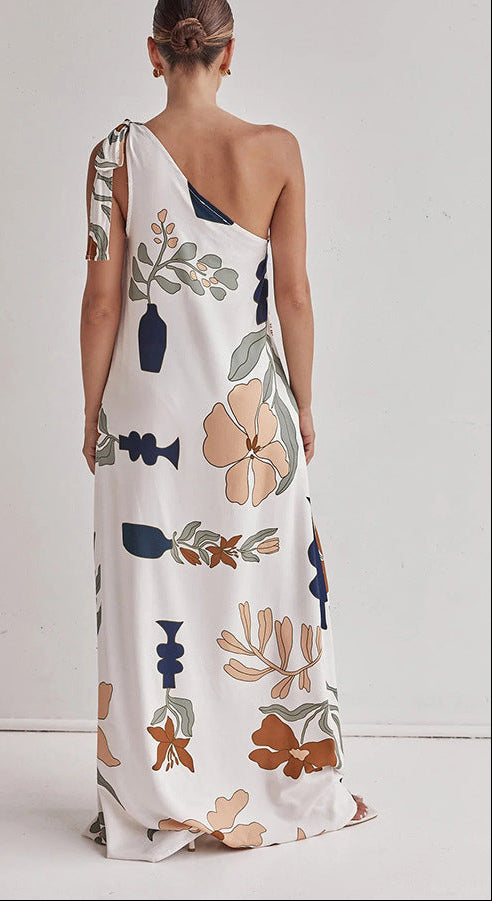 Printed Tied One-Shoulder Maxi Dress