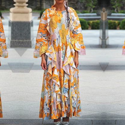Pleated Ruffled Bat Sleeve Maxi Dress