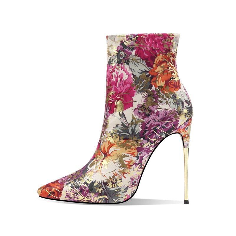Floral Print Stiletto Heel Ankle Boots