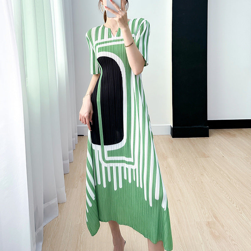 Miyake Pleated Striped A-Line Dress