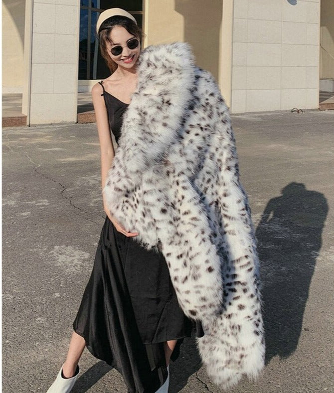 Full Size Leopard Print Faux Fox Fur Longline Coat