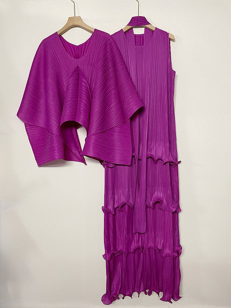Miyake Pleated Irregular Shawl Top & Tiered Maxi Dress Set