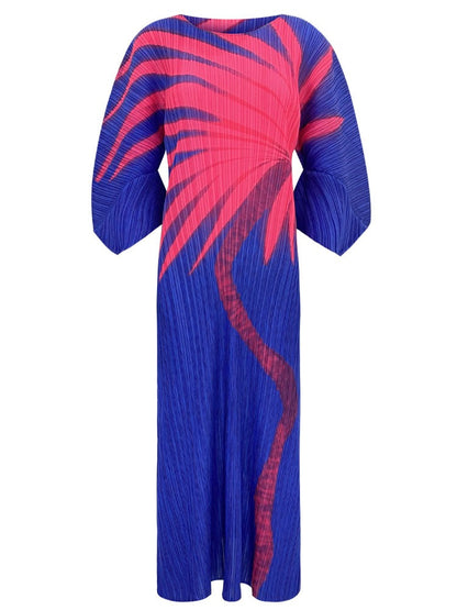 Miyake Pleated Printed Dolman Sleeve Midi Dress