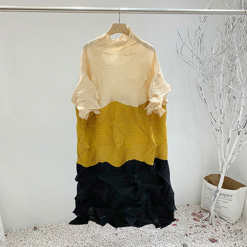Miyake Pleated Color Block Fold Midi Dress