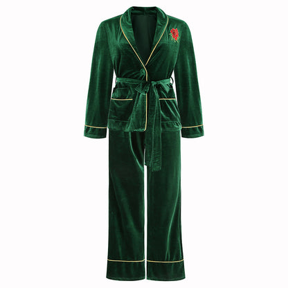 Rose Embroidered Gold Edge Pajama Set