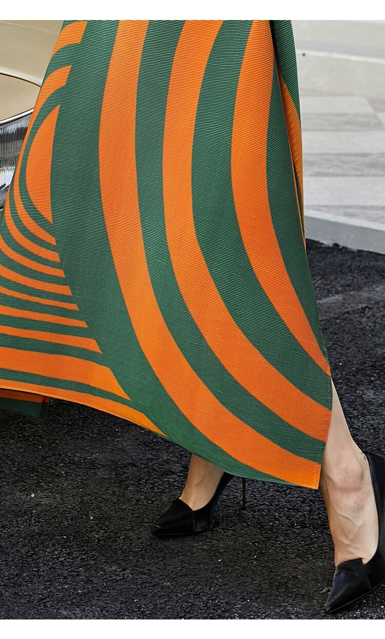 Miyake Pleated Striped Tie-Waist Maxi Dress