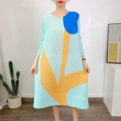 Miyake Pleated Printed Three-Quarter Sleeves Midi Dress