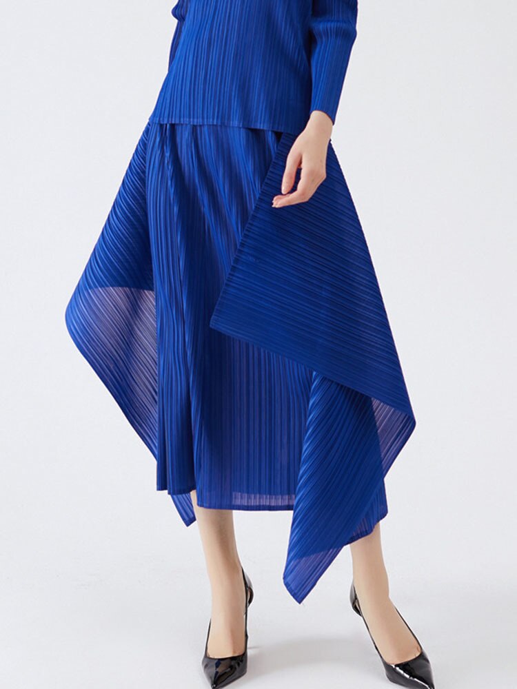 Miyake Pleated Long Sleeve Top and Irregular Hem Skirt Set