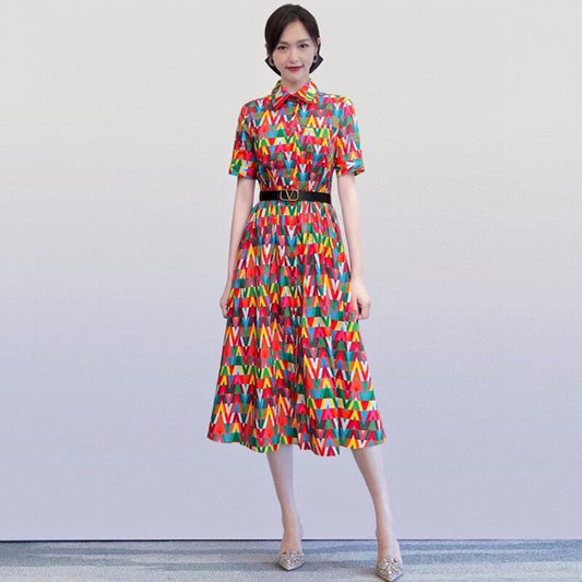 Multicolor Printed Short Sleeve A-Line Midi Dress