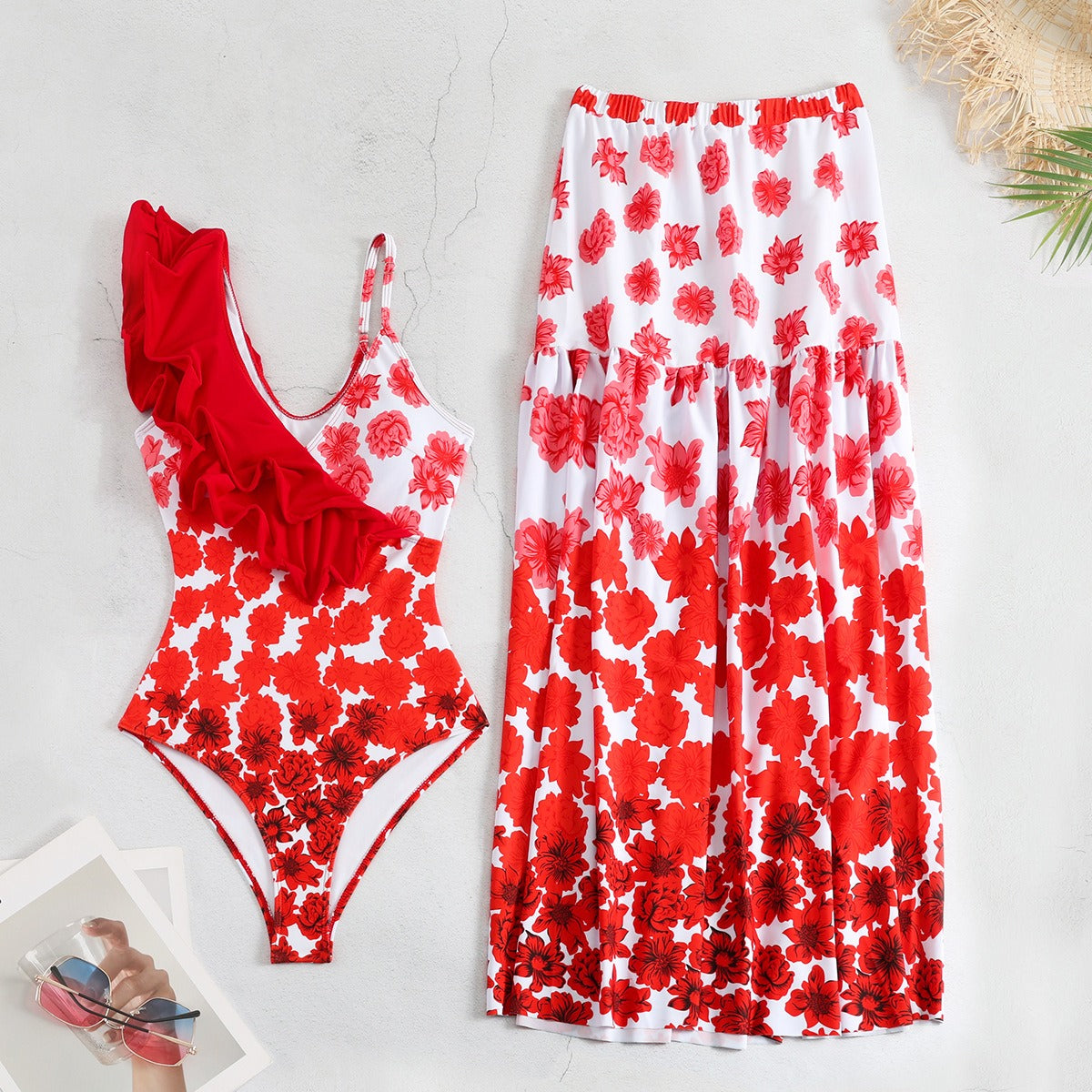 Floral Ruffled One Shoulder One-Piece Swimsuit and Cover Up Skirt